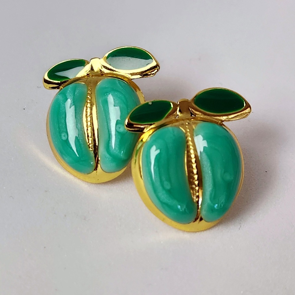 Gold Tone Teal Green Enamel Peach Stud Earrings Whimsical Statement Studs 0.75"
